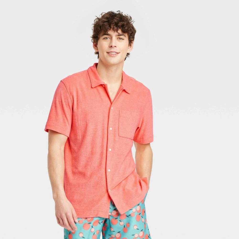 XL - Mens Terry Short Sleeve Camp Button-Down Shirt - Goodfellow Co - Orange